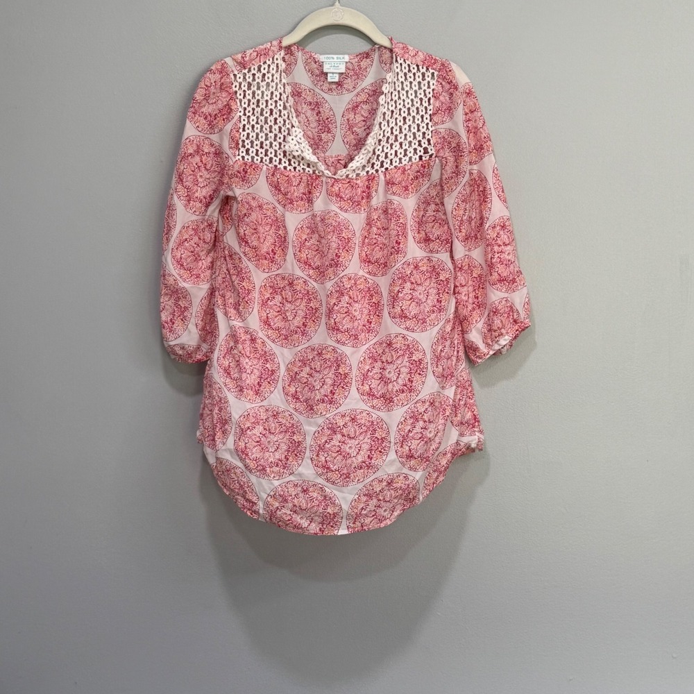 Calypso St Barth for Target Silk Tunic Top Pink Medallion Crochet Yoke Small